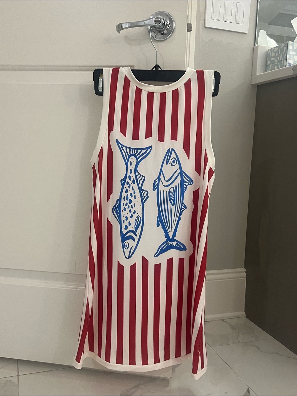 Striped Sleeveless Cover up with Blue Fish Graphic
